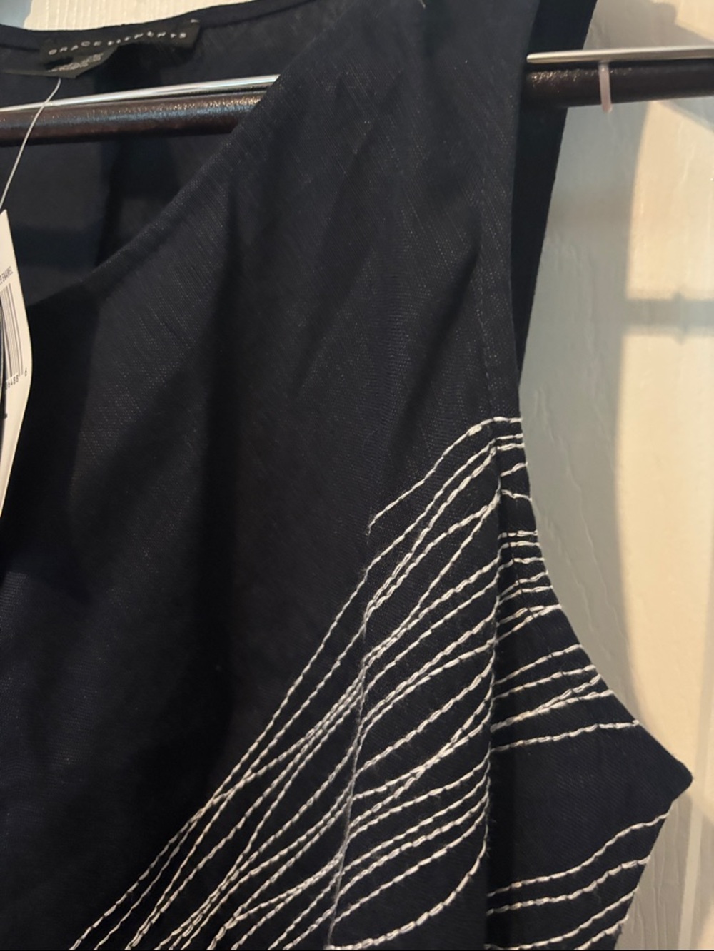 Sleeveless Linen Navy A-Line Dress with Diagonal White Stitch Detail. Size XL - Picture 2 of 7